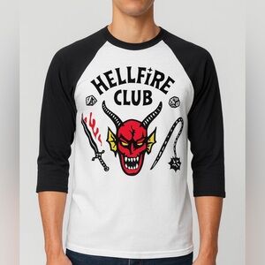 STRANGER THINGS HELLFIRE CLUB ADULT LG 3/4 SLEEVE BASEBALL TYPE SHIRT TEE NWOT